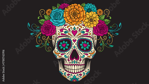 Vibrant Floral Sugar Skull Calavera for Día de los Muertos Celebration