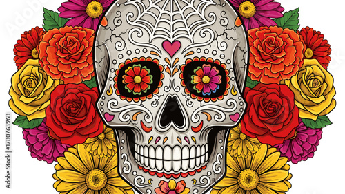 Colorful Sugar Skull with Floral Ornaments - Día de los Muertos Celebration Art