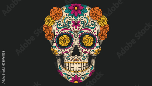 Vibrant Day of the Dead Sugar Skull Illustration with Marigold Flowers & Intricate Floral Patterns. Calavera Art.
