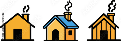 Three houses with smoke coming from chimneys on a transparent background  