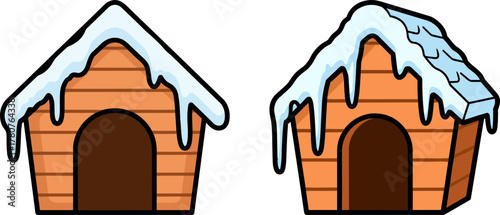 Wooden dog houses with snow on the roofs, concept of winter, transparent background  