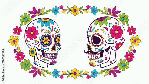 Vibrant Sugar Skulls Pair with Colorful Floral Frame. Dia de los Muertos Celebration Illustration.