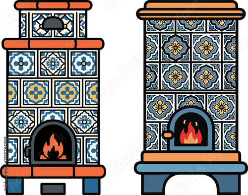 Traditional tiled stoves with fire and intricate patterns in winter, transparent background  