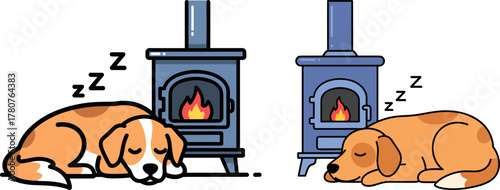 Two sleeping dogs resting by cozy fireplace with warm flames  