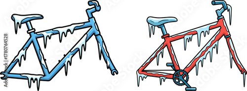 Frozen blue and red bicycles covered in ice during winter  