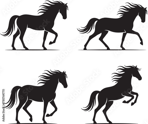 Four black horse silhouettes in motion on white background