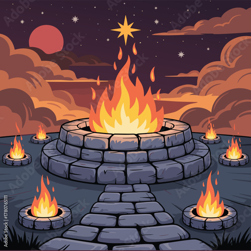 Stone podium with lava eruption, smelting rocks and hot magma, burning coals under dark night sky, fume and dust, fantasy underworld product display vector illustration