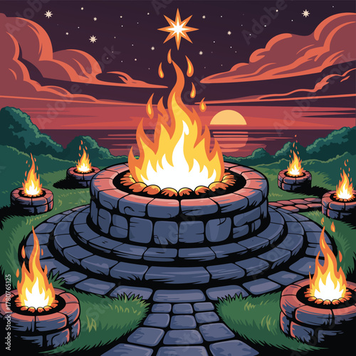 Stone podium with lava eruption, smelting rocks and hot magma, burning coals under dark night sky, fume and dust, fantasy underworld product display vector illustration