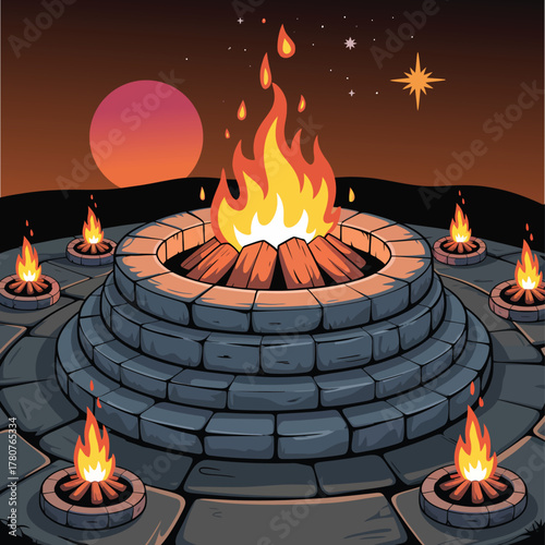 Stone podium with lava eruption, smelting rocks and hot magma, burning coals under dark night sky, fume and dust, fantasy underworld product display vector illustration