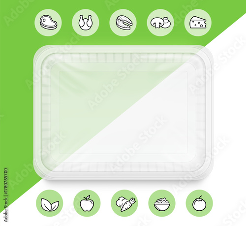 Clear tray container mockup. Vector illustration on colour background. Layered template file easy to use for your promo product: meat of animals, chicken, fish and other food. EPS10.