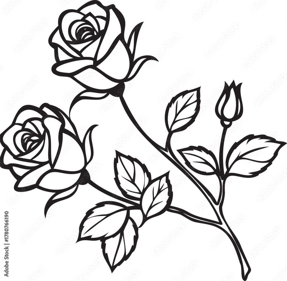 Obraz premium Rose Branch Pattern with Buds and Leaves Vector – Botanical Branch Decoration