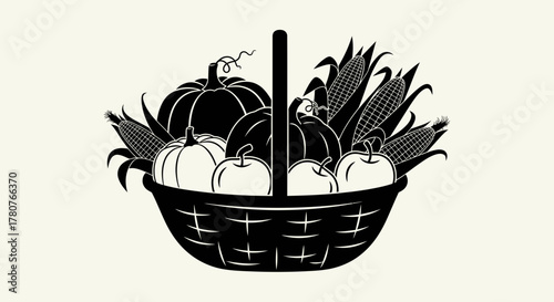Harvest basket filled with autumnal bounty, featuring pumpkins, corn, and apples, symbolizing abundance and the spirit of Thanksgiving celebrations