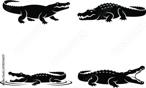 Four Black Silhouette Alligators in Various Poses crocodile