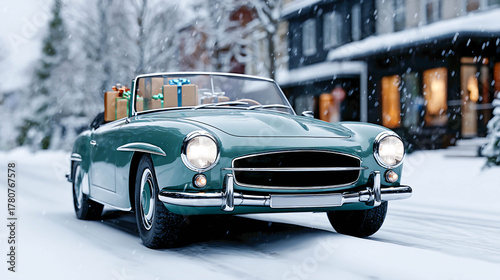 A green retro convertible car with gifts, standing on a snow-covered street in front of a house decorated with Christmas lights. The snow is falling.