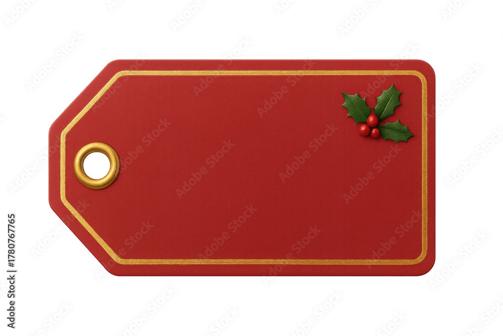 Obraz premium Red christmas gift tag with gold border and holly illustration, blank space for text ideal for holiday sales messaging