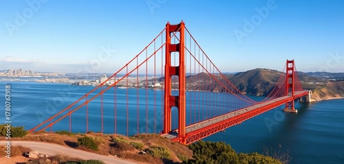 Golden Gate Bridge spanning the San Francisco Bay, cityscape backdrop, pacific ocean, photo
