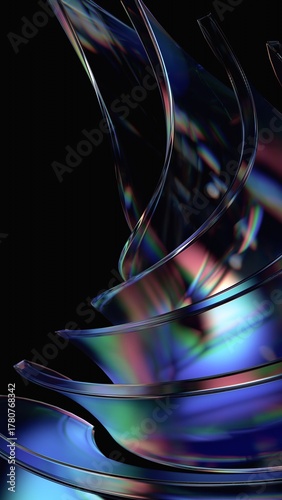 Abstract 3d render, glass shape with neon reflections, vertical orientation, 3d render