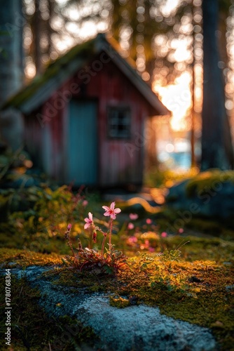 Small Pink Flowers Beside Rustic Wooden Cabin In Forest At Sunset