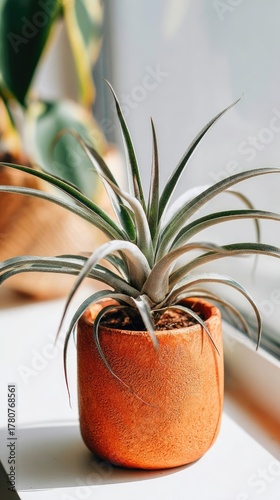 Air Plant In Orange Pot On Window Sill