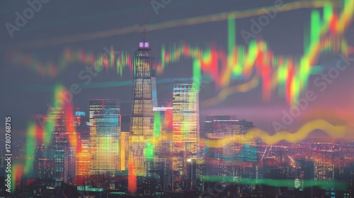 Colorful Night Cityscape With Financial Data Overlay
