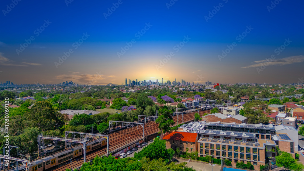 Obraz premium Panorama Drone Aerial view of Summer Hill Lewisham Ashfield of Suburban federation residential houses in Sydney NSW Australia