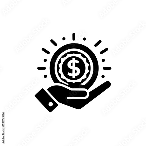 Investment and Finance Illustration: Hand elegantly presents a shining coin with the dollar sign, embodying financial prowess and economic strength. 