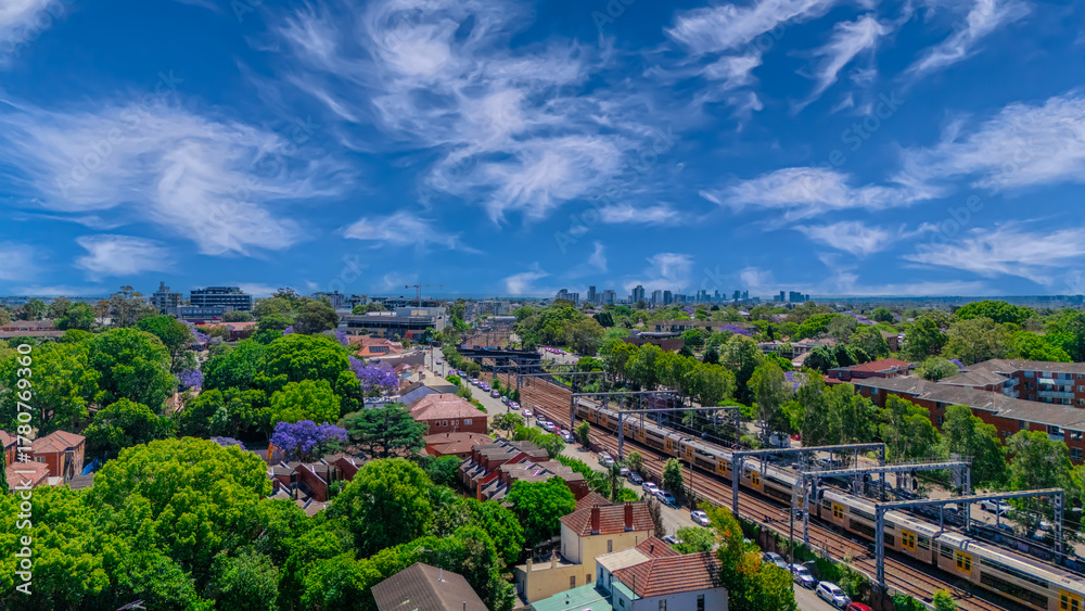 Obraz premium Panorama Drone Aerial view of Summer Hill Lewisham Ashfield of Suburban federation residential houses in Sydney NSW Australia