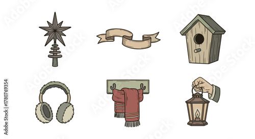 Hand holding lantern among various festive decorations elements  