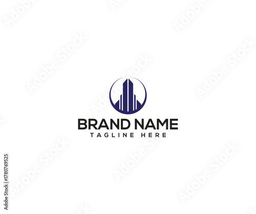 Skyscraper logo design: A sleek and modern logo, featuring a minimalist representation of towering skyscrapers encircled within a refined circular frame.