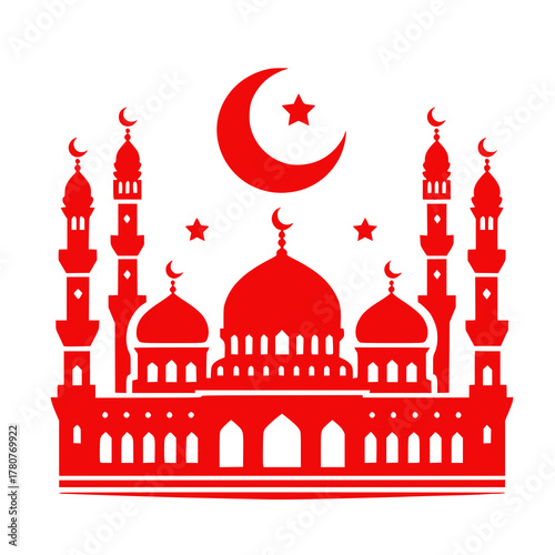 Islamic Architecture: A striking silhouette of a mosque, illuminated with a radiant red hue, adorned with a crescent moon and star, embodying the spirit of Islam