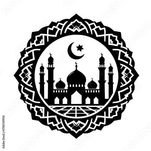 Sacred Silhouette: A mesmerizing illustration of a mosque, embellished with intricate Islamic patterns, a crescent moon, and a star, capturing the essence of cultural heritage and spiritual devotion.