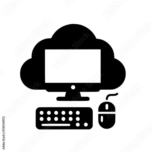 Cloud Computing Icon: A simplified graphic symbolizes the modern technology concept of cloud computing, showcasing a computer monitor merged with a cloud and its peripherals.