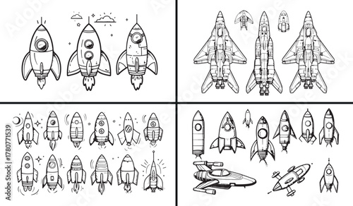 : rocket spaceship illustration, space exploration vector, science doodle sketch, future technology design, spacecraft and astronomy art, outer space discovery drawing, rocket launch vector, cosmic tr