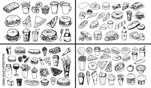 fast food illustration, burger and fries sketch, junk food doodle vector, street food drawing, delicious snack art, tasty lunch illustration, cafe food design, hand drawn burger art, modern food artwo