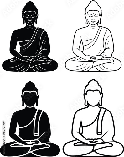 Set of meditating buddha icons showing different styles and outlines on a transparent background