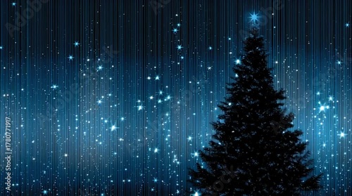 Árbol decorado por navidad y luces que parecen estrellas, fondo azul y negro