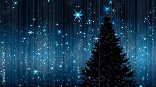 Árbol decorado por navidad y luces que parecen estrellas, fondo azul y negro