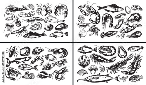 Photography seafood doodle illustration, ocean food vector design, sea animals sketch, marin