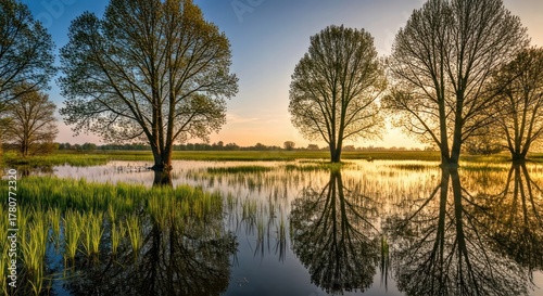 Trees reflecting in flooded field at sunrise, showcasing golden hour light. Nature at peace