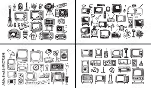  retro electronics doodle, vintage technology illustration, old television sketch, creative gadget vector, radio and tv doodle art, communication technology drawing, nostalgic device illustration, ele