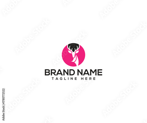 Deer Logo Design: A minimalist logo featuring the silhouette of a deer's head with prominent antlers set within a pink circle, suggesting a brand identity that values nature and elegance. 