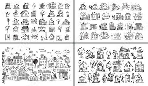 building doodle illustration, city architecture vector, urban house sketch, hand drawn home art, modern cityscape design, street building pattern, residential house drawing, creative architecture outl