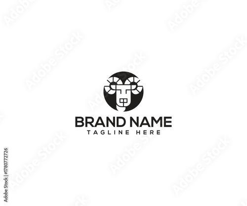 Goat Logo Design: A minimalist goat logo within a circle, featuring a clean and modern design perfect for a brand identity, accompanied by a place for a brand name.
