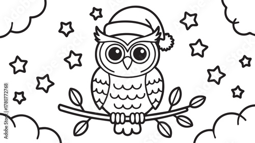 Cute owl with Santa's hat sits upon branch surrounded by star and cloud line art,  kids, coloring page, book , printable, easy, coloring, pages,