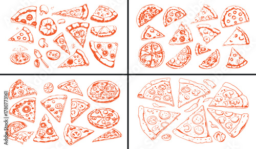 pizza menu doodle, restaurant menu illustration, tasty pizza art vector, italian meal pattern, pizzeria sketch outline, gourmet dinner illustration, hand drawn pizza menu, bakery fast food vector, cre