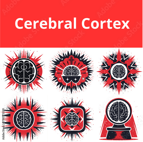 Cerebral cortex illustration with diverse brain designs in red  