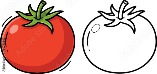 Tomato illustration in two styles: colorful cartoon and black and white line art, isolated.