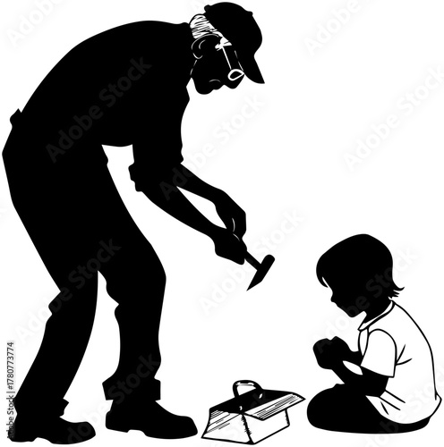Silhouette of Adult Teaching Child with Hammer and Toolbox – Vector Illustration