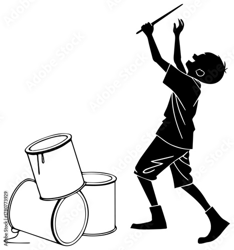 Silhouette of Child Pretending to Drum with Paint Cans – Vector Illustration