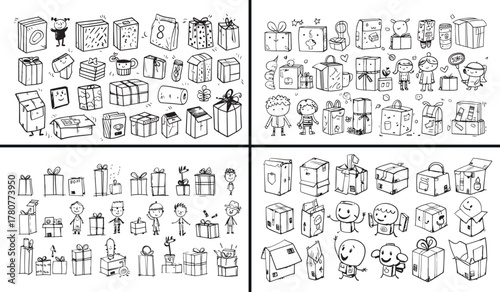 gift box doodle illustration, birthday present vector, holiday gift sketch, celebration package art, christmas gift box drawing, festive wrap design, surprise gifting illustration, decorative packing 